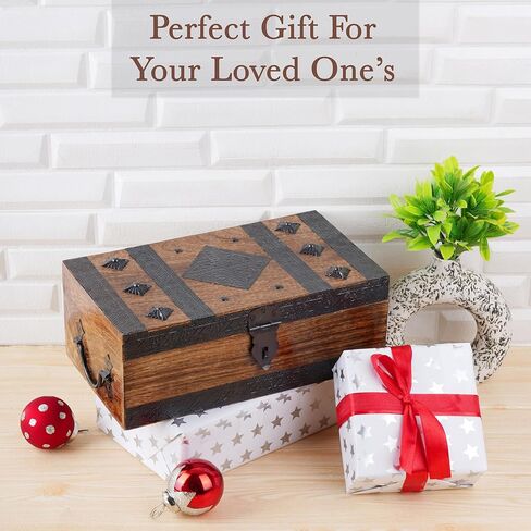 Ajuny Wooden Handcrafted Pirate Treasure Chest Jewelry Box Multipurpose Vintage Shell Strips Keepsake Trinket Storage Case Holder Necklace Earring Organizer Gift, 11x6 Inch in Kuwait