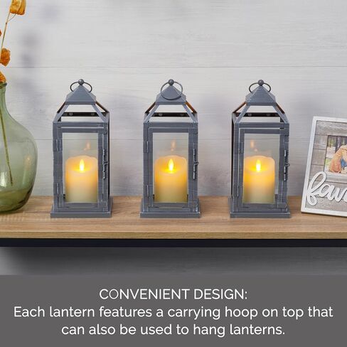 Elements Metal Lanterns with LED Candles, Set of 3, 5.2x5.2x12 Inch, White in Kuwait