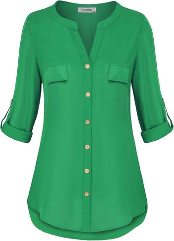 Womens Notch V-Neck Tab Sleeve Button Down Chiffon Blouse Top in Saudi Arabia