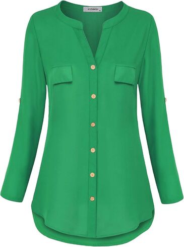 Womens Notch V-Neck Tab Sleeve Button Down Chiffon Blouse Top in Saudi Arabia