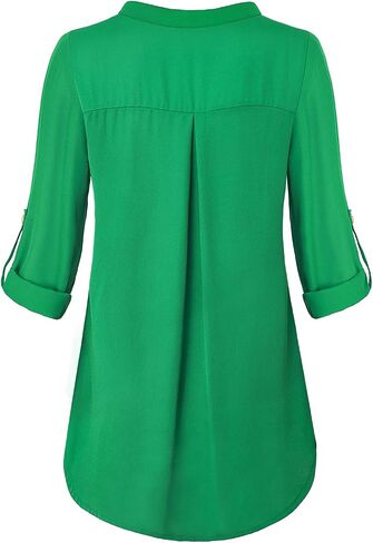 Womens Notch V-Neck Tab Sleeve Button Down Chiffon Blouse Top in Saudi Arabia