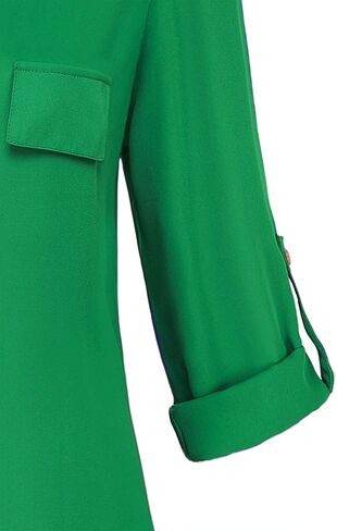 Womens Notch V-Neck Tab Sleeve Button Down Chiffon Blouse Top in Saudi Arabia