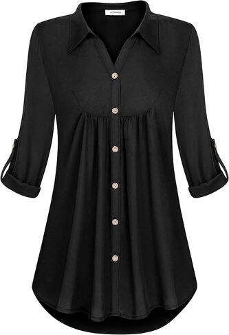 Womens Notch V-Neck Tab Sleeve Button Down Chiffon Blouse Top in Saudi Arabia