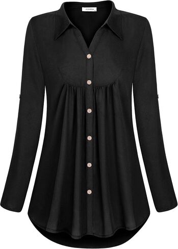Womens Notch V-Neck Tab Sleeve Button Down Chiffon Blouse Top in Saudi Arabia