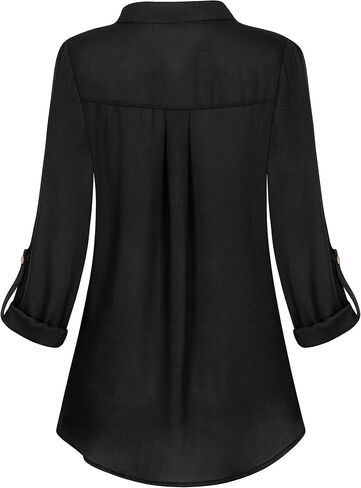 Womens Notch V-Neck Tab Sleeve Button Down Chiffon Blouse Top in Saudi Arabia