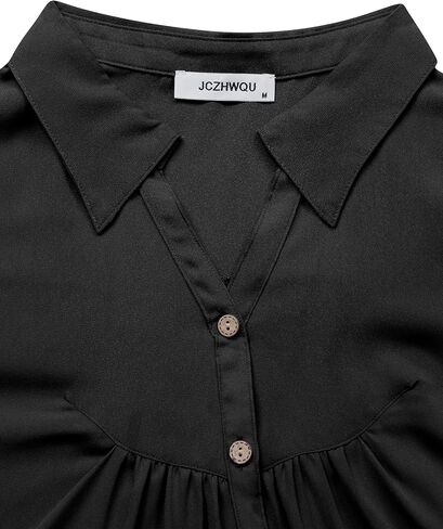 Womens Notch V-Neck Tab Sleeve Button Down Chiffon Blouse Top in Saudi Arabia