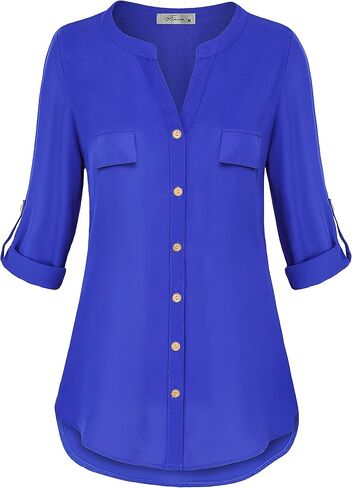 Womens Notch V-Neck Tab Sleeve Button Down Chiffon Blouse Top in Saudi Arabia