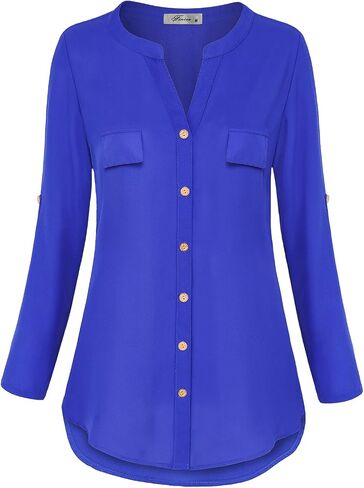 Womens Notch V-Neck Tab Sleeve Button Down Chiffon Blouse Top in Saudi Arabia