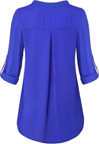 Womens Notch V-Neck Tab Sleeve Button Down Chiffon Blouse Top in Saudi Arabia