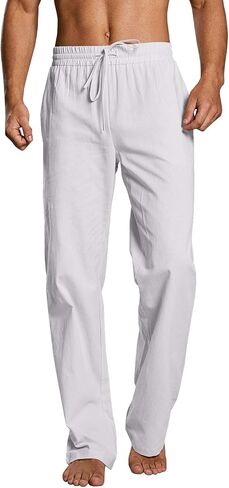 Mens Casual Linen Pants Loose Fit Elastic Drawstring Waist Straight-Legs Summer Yoga Beach Long Pants in Saudi Arabia