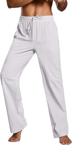 Mens Casual Linen Pants Loose Fit Elastic Drawstring Waist Straight-Legs Summer Yoga Beach Long Pants in Saudi Arabia