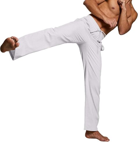 Mens Casual Linen Pants Loose Fit Elastic Drawstring Waist Straight-Legs Summer Yoga Beach Long Pants in Saudi Arabia