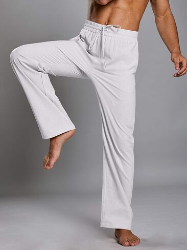 Mens Casual Linen Pants Loose Fit Elastic Drawstring Waist Straight-Legs Summer Yoga Beach Long Pants in Saudi Arabia