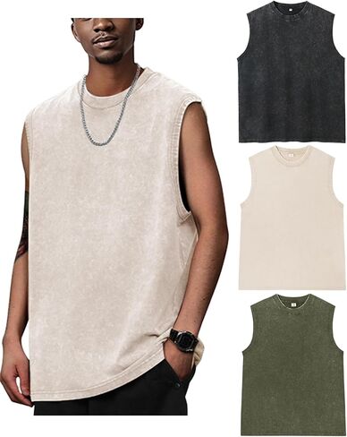 Arssm Mens Cotton Tank Tops Workout Sleeveless Tees Shirts Cut Off Muscle Gym Acid Wash Running Tees in Saudi Arabia