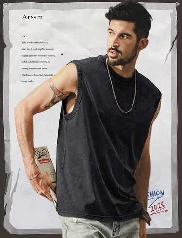 Arssm Mens Cotton Tank Tops Workout Sleeveless Tees Shirts Cut Off Muscle Gym Acid Wash Running Tees in Saudi Arabia