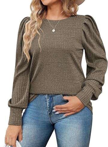 IN'VOLAND Plus Size Women's Puff Knit Blouse Long Sleeve Shirt Crew Neck Elegant Tunic Tops in Saudi Arabia