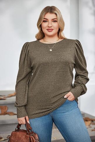 IN'VOLAND Plus Size Women's Puff Knit Blouse Long Sleeve Shirt Crew Neck Elegant Tunic Tops in Saudi Arabia