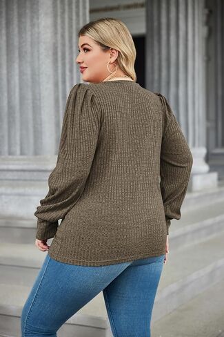 IN'VOLAND Plus Size Women's Puff Knit Blouse Long Sleeve Shirt Crew Neck Elegant Tunic Tops in Saudi Arabia