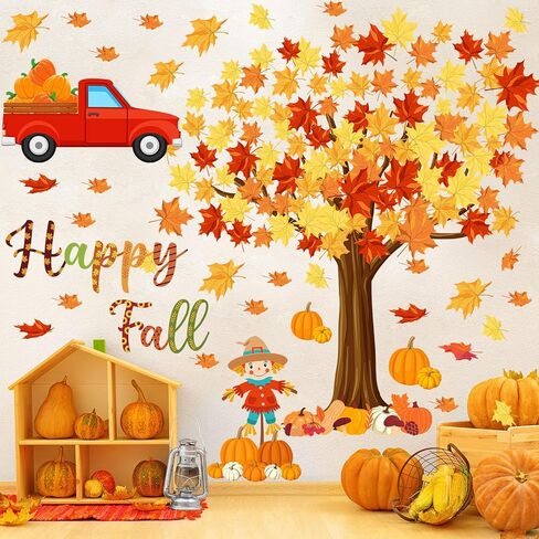 Fall Maple Leaves Wall Decals Fall Tree Scarecrow Pumpkin Truck Wall Decor Sticker Thanksgiving Removable Fall Leaves Wall Decor Cute Autumn Wall Mural Art for Classroom Bedroom Decor in Saudi Arabia