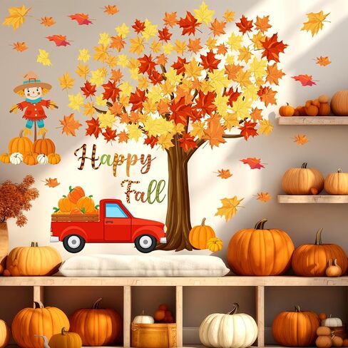 Fall Maple Leaves Wall Decals Fall Tree Scarecrow Pumpkin Truck Wall Decor Sticker Thanksgiving Removable Fall Leaves Wall Decor Cute Autumn Wall Mural Art for Classroom Bedroom Decor in Saudi Arabia