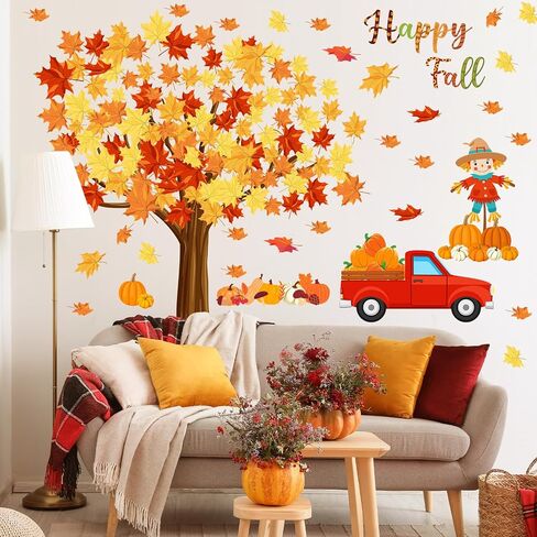 Fall Maple Leaves Wall Decals Fall Tree Scarecrow Pumpkin Truck Wall Decor Sticker Thanksgiving Removable Fall Leaves Wall Decor Cute Autumn Wall Mural Art for Classroom Bedroom Decor in Saudi Arabia