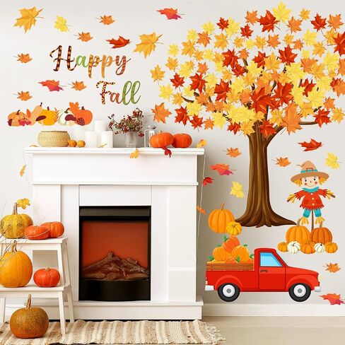 Fall Maple Leaves Wall Decals Fall Tree Scarecrow Pumpkin Truck Wall Decor Sticker Thanksgiving Removable Fall Leaves Wall Decor Cute Autumn Wall Mural Art for Classroom Bedroom Decor in Saudi Arabia