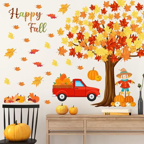 Fall Maple Leaves Wall Decals Fall Tree Scarecrow Pumpkin Truck Wall Decor Sticker Thanksgiving Removable Fall Leaves Wall Decor Cute Autumn Wall Mural Art for Classroom Bedroom Decor in Saudi Arabia