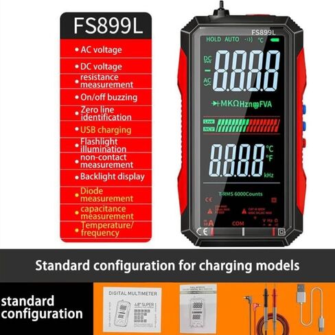 FS899L Digital Multimeter with Color Screen, USB-C Rechargeable Electrical Tester, 6000 Counts True RMS AC/DC Voltage Current Capacitance Resistance Frequency Temperature Measurement NCV Detector in Saudi Arabia
