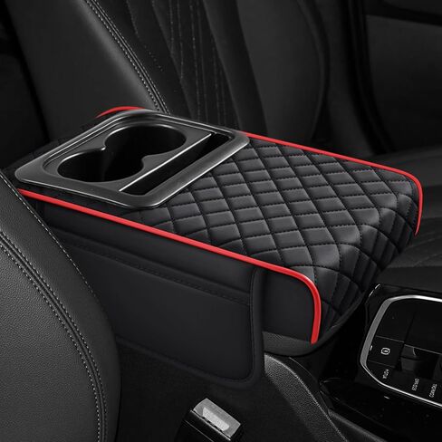 Hovom Car Center Console Cover, 13.39"×7.87"×2.76" Leather Armrest Cover for Cars, Memory Foam Armrest Pillow with Pocket, Cup Holder & Phone Slot, Universal Vehicle Arm Rest Cushion Pad (Black+Red) in Saudi Arabia