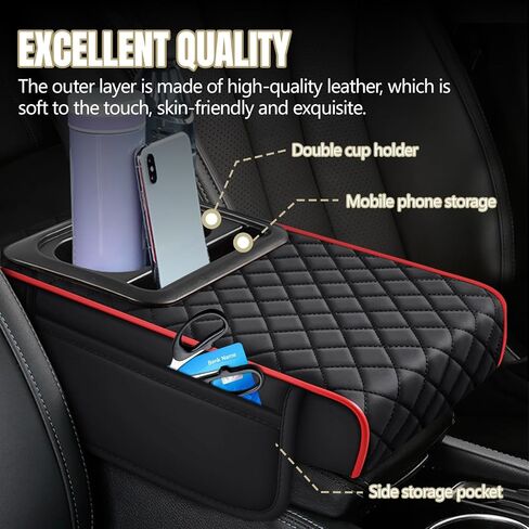 Hovom Car Center Console Cover, 13.39"×7.87"×2.76" Leather Armrest Cover for Cars, Memory Foam Armrest Pillow with Pocket, Cup Holder & Phone Slot, Universal Vehicle Arm Rest Cushion Pad (Black+Red) in Saudi Arabia