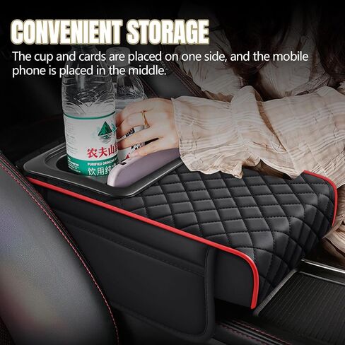 Hovom Car Center Console Cover, 13.39"×7.87"×2.76" Leather Armrest Cover for Cars, Memory Foam Armrest Pillow with Pocket, Cup Holder & Phone Slot, Universal Vehicle Arm Rest Cushion Pad (Black+Red) in Saudi Arabia