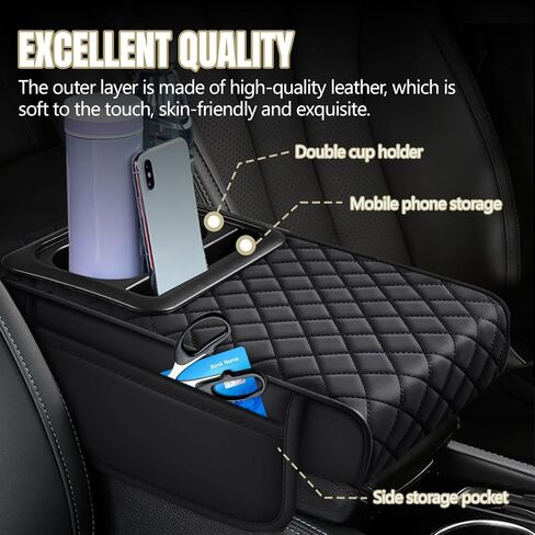 Hovom Car Center Console Cover, 13.39"×7.87"×2.76" Leather Armrest Cover for Cars, Memory Foam Armrest Pillow with Pocket, Cup Holder & Phone Slot, Universal Vehicle Arm Rest Cushion Pad (Black+Red) in Saudi Arabia