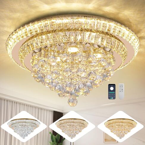 Elegant LED Crystal Raindrop Ceiling Light, 20" Flush Mount Chandelier Light Fixture with Remote Control for Living Room Kitchen Island Bedroom Hallway Entryway Foyer(Dimmable) in Saudi Arabia