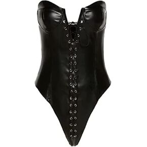 Women Faux Leather Lingerie Vintage Club Party Corset Strapless Leotard Bodysuit,Black,Small in Saudi Arabia