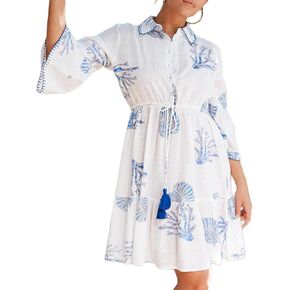 DEBBIE KATZ Michi Mini Shirt Dress – Striped Linen-Look Beach Tunic, Boho Summer Cover-Up with Elastic Waist, Short Sleeves in Saudi Arabia