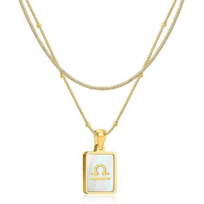 LETFLY Zodiac Natural Shell Layered Gold Necklace for Women, 18K Gold Plated Square Shaped Pendant with Adjustable Layered Snake Chain for Womens Jewelry Gifts in Kuwait