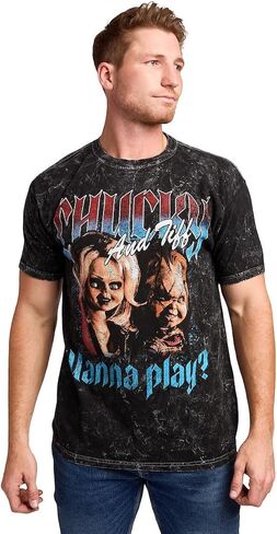 Bioworld Chucky Tiffany & Chucky Wanna Play Men's Black Mineral Wash Crew Neck Short Sleeve T-Shirt in Saudi Arabia