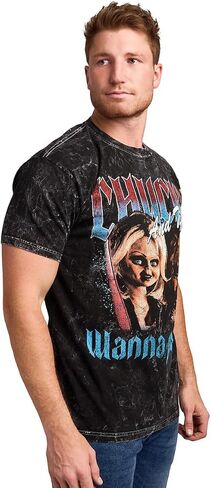 Bioworld Chucky Tiffany & Chucky Wanna Play Men's Black Mineral Wash Crew Neck Short Sleeve T-Shirt in Saudi Arabia