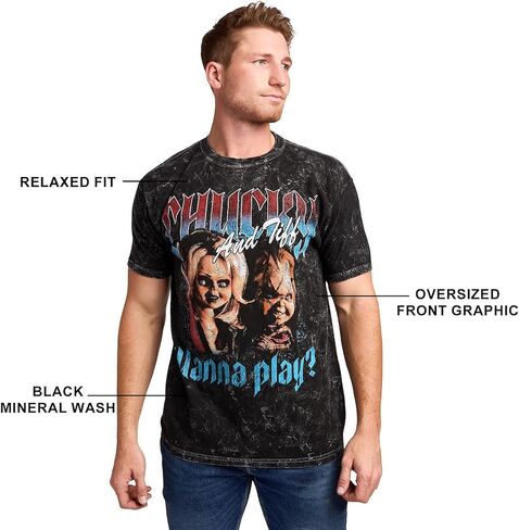 Bioworld Chucky Tiffany & Chucky Wanna Play Men's Black Mineral Wash Crew Neck Short Sleeve T-Shirt in Saudi Arabia
