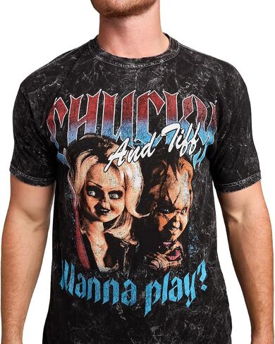 Bioworld Chucky Tiffany & Chucky Wanna Play Men's Black Mineral Wash Crew Neck Short Sleeve T-Shirt in Saudi Arabia