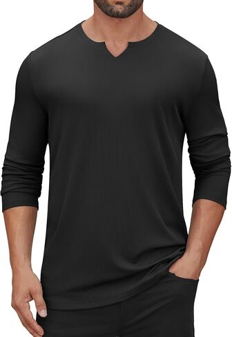 Hardaddy Men's V Neck Long Sleeve Ribbed Casual T-Shirt Classic Basic Solid Tee Shirts in Saudi Arabia