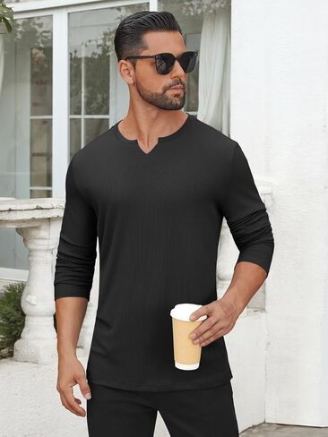 Hardaddy Men's V Neck Long Sleeve Ribbed Casual T-Shirt Classic Basic Solid Tee Shirts in Saudi Arabia