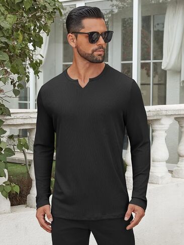 Hardaddy Men's V Neck Long Sleeve Ribbed Casual T-Shirt Classic Basic Solid Tee Shirts in Saudi Arabia