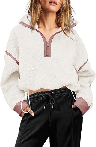 Yanekop Womens 1/2 Zip Up Sherpa Pullover Fuzzy Fleece Sweatshirt Fluffy Lapel Outerwear with Pockets(Apricot Beige,S) in Kuwait