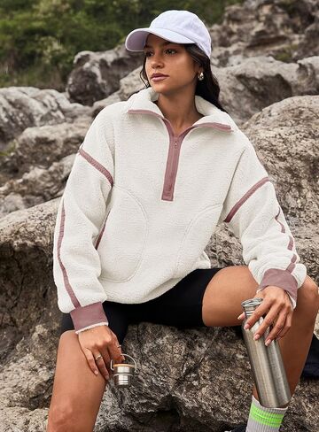 Yanekop Womens 1/2 Zip Up Sherpa Pullover Fuzzy Fleece Sweatshirt Fluffy Lapel Outerwear with Pockets(Apricot Beige,S) in Kuwait