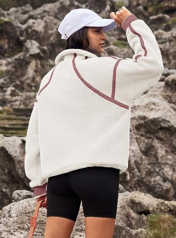 Yanekop Womens 1/2 Zip Up Sherpa Pullover Fuzzy Fleece Sweatshirt Fluffy Lapel Outerwear with Pockets(Apricot Beige,S) in Kuwait