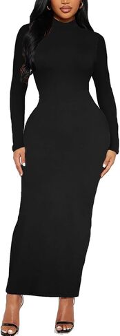 Women's Long Sleeve Bodycon Dress Maxi Mock Neck Fall Winter Casual Club Party T Shirts Tight Dresses in Kuwait