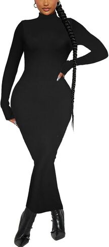 Women's Long Sleeve Bodycon Dress Maxi Mock Neck Fall Winter Casual Club Party T Shirts Tight Dresses in Kuwait