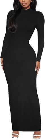 Women's Long Sleeve Bodycon Dress Maxi Mock Neck Fall Winter Casual Club Party T Shirts Tight Dresses in Kuwait