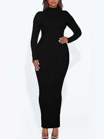 Women's Long Sleeve Bodycon Dress Maxi Mock Neck Fall Winter Casual Club Party T Shirts Tight Dresses in Kuwait